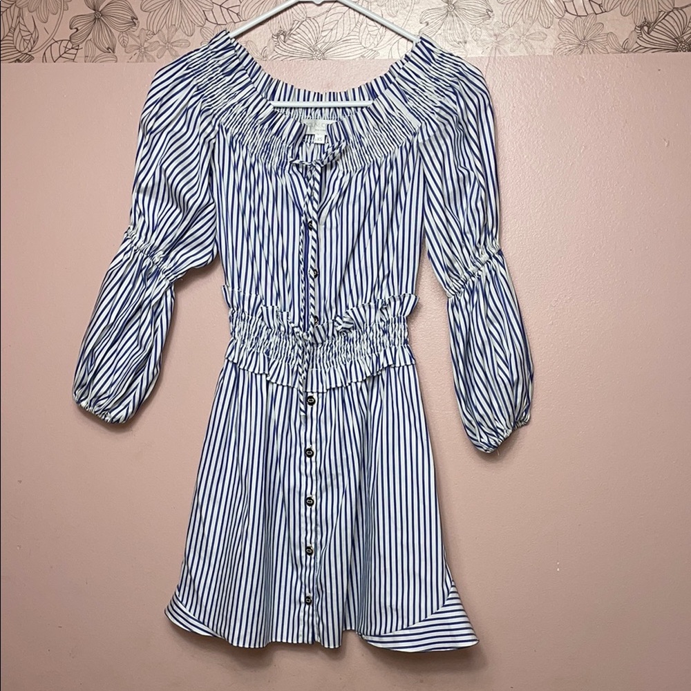 Caroline Constas Striped Blue and White Mini Peasant Dress